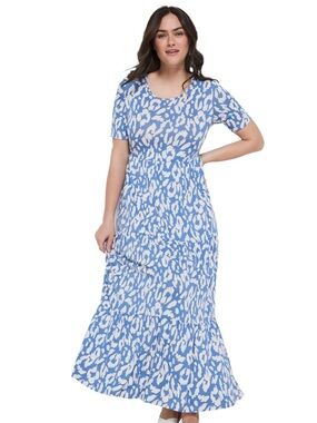 ellos Size 26/28 Blue and White Boho Casual Printed Tiered Maxi Dress